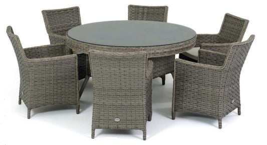Salotto da pranzo da giardino con n.6 poltrone e n.1 tavolo tondo Ø140 cm. in rattan sintetico con piano in vetro