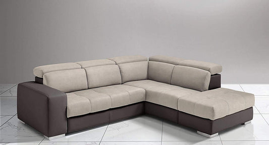 Dafne Italian Design Divano Letto angolare 3 posti con penisola a Destra. Similpelle Marrone, Similpelle Effetto Nabuk Beige (cm. 266 x 230 x 94h)
