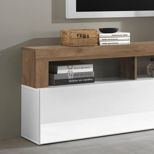 Dafne Italian Design Mobile da soggiorno moderno Amby color bianco lucido e noce cm. 277 x 35 x 205 (base tv, pensili, mensola)