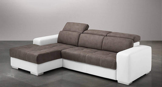 Dafne Italian Design Divano Letto angolare 3 posti con penisola a Sinistra. Similpelle Bianco, Similpelle Effetto Nabuk Elephant (cm. 259 x 178 x 94h)