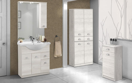 Mobile da bagno "Missy" finitura quercia bianca composto da: componibile bagno cm. 85x50x190 (base, lavabo, specchio, pensile) - colonna 2 ante cm. 69x34x150 - mobile con anta e cassetto cm. 34x34x80