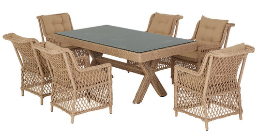 Salotto pranzo da giardino con n.6 poltrone e n.1 tavolo 100x200 in rattan sintetico