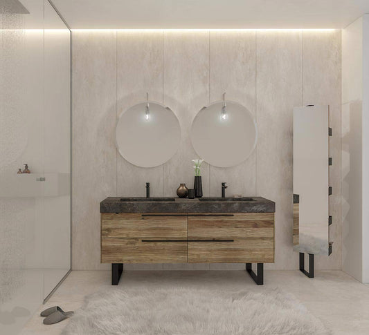 Dafne Italian Design Mobile Bagno Moderno per Coppia con lavabo a Terra – Castagno Naturale Levigato veletta Gres Porcellanato Ardesia Nero con Doppia Vasca
