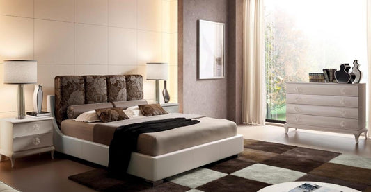 Dafne Italian Design Letto matrimoniale c/cuscini tessuto fantasia marrone, struttura pelle tortora, 100X228X174 - per rete 160x190, 70 Kg,
