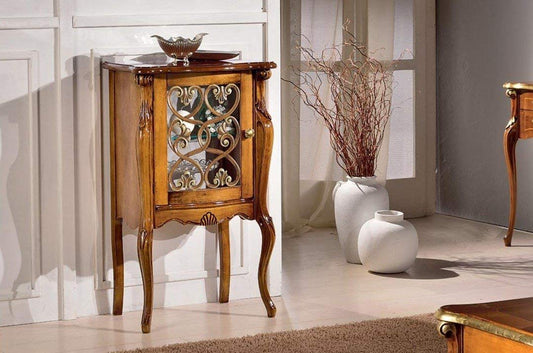Dafne Italian Design Vetrina bassa 1 anta, con griglia intagliata a mano, gamba alta, noce scuro : 61 cm - 40 cm - H 100-100% Made in Italy (SF17)