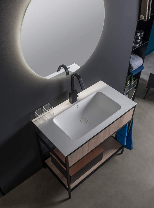 Dafne Italian Design Mobile da bagno ad uso lavanderia finitura olmo con top e lavabo in Ocritech cm. L88 x P50 x H87, specchio rotondo con luci led