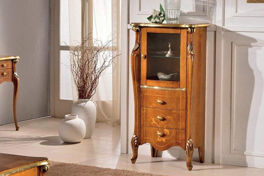 Dafne Italian Design Vetrina 1 anta e 3 cassetti, noce scuro, decorazioni oro -cm: 60 cm - 40 cm - H 120 cm - Stile classico - 100% Made in Italy (SF17)
