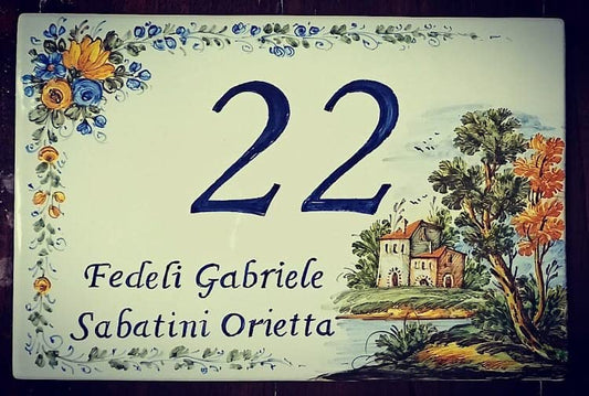 Piastrella in ceramica fatta a mano con numero civico personalizzabile - Misura 30 x 19,8 cm - Made in Italy.