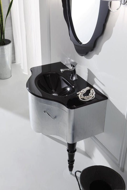 Dafne Italian Design Mobile da bagno: L.86 P.54 cm - Finitura: Finitura Foglia argento e nero lucido - Top: Top in cristallo integrato float nero -100% made in Italy