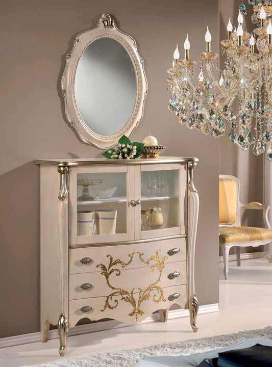 Dafne Italian Design Vetrinetta Stile Classico Noce Laccato Bianco Oro e Argento (cm. L. 107 - P. 40 - H. 120) (TVG)