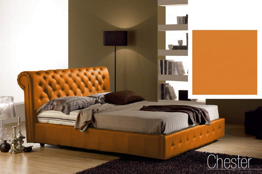 Letto una piazza e mezza contenitore, similpelle lavabile, lavorazione capitonn?, colore arancione - Dimensioni: Larghezza 140 x 236 x H 114 cm - per materasso 120 x 200. - 100% Made in Italy (SFI)