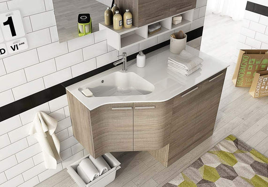 Dafne Italian Design Mobile lavanderia p/lavatrice-asciugatrice e carrelli cesti bucato, colore rovere scuro e bianco - Misura: L.131 P.35/62 cm,top Lavabo In Ocritech Con Vasca Integrata
