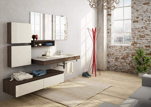 Dafne Italian Design Mobile da bagno Laccato Caffe latte Opaco e Rovere Tabacco, Misura: L.212 P.50 cm, Top Resina materica Panna su scatolato in legno melaminico
