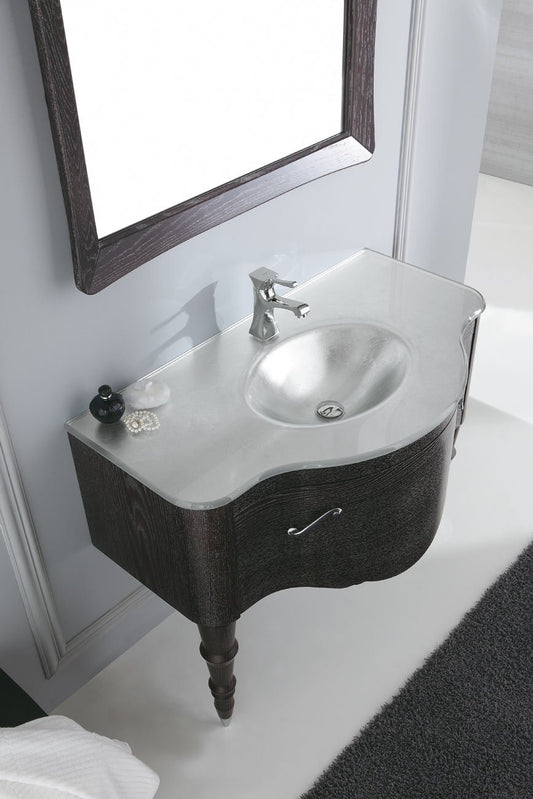 Dafne Italian Design Mobile da bagno con cassetti e specchio rettangolare - Misura: L.106 P.59 cm -Top in cristallo integrato extra chiaro foglia argento - 100% made in Italy