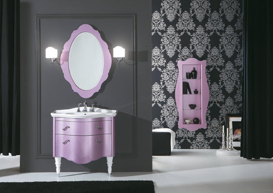 Mobile da bagno stile classico romantico con cassetti: L.86 P.54 cm - fucsia perlato lucido - Consolle in ceramica integrale cm 90 - specchio ovale con cornice - mensola con ripiani sospesa