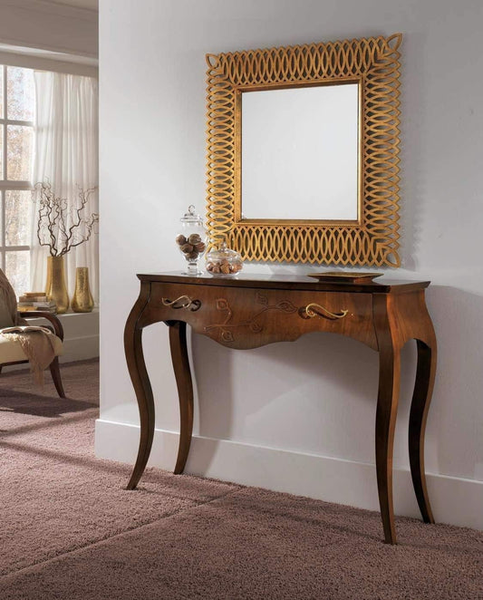 Consolle legno scuro ebano, 99x47x130, 40 Kg, Piano: legno massiccio impiallacciato noce nazionale Ante-fianchi-cassetti: multistrato curvato di pioppo impiallacciato noce nazionale-Piedi: tiglio