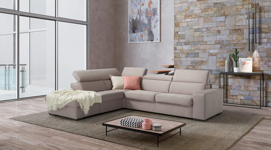 Dafne Italian Design Divano angolare 3 posti con letto a ribalta in tessuto color beige - misure cm L 287x241 l 102 H 77 - Made in Italy
