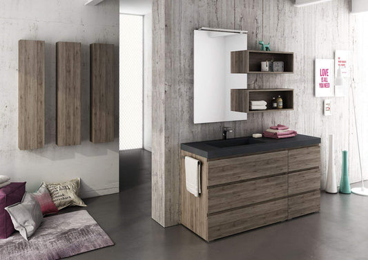 Dafne Italian Design Mobile da Bagno a Terra con Top Nero e Ante e cassetti Color Rovere con Specchio con Luce a LED Come da Foto + n. 3 Pensili a 1 Anta H 120 x L 25 cm - 100% Made in Italy