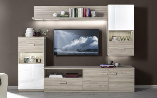 Dafne Italian Design Mobile da soggiorno moderno Pegy misura cm. 270x42x205 colore olmo naturale e bianco lucido: base tv, madia alta, pensile e mensola.