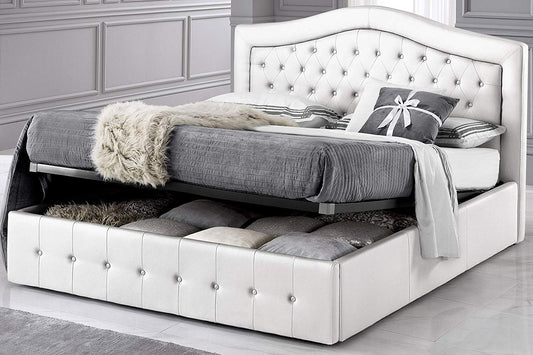 Dafne Italian Design Letto matrimoniale con contenitore, rivestito in similpelle bianco,testiera imbottita, rete a doghe 174x210x120