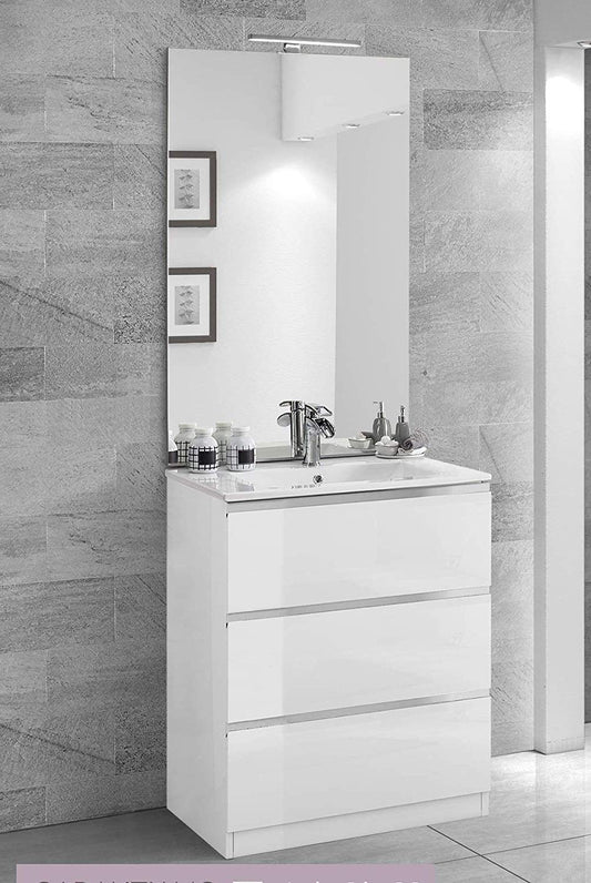 Dafne Italian Design Mobile da bagno con lavabo colore bianco lucido misura cm. 60 x 46 x 189h - Componibile bagno 3 cassetti con maniglia a gola, lavabo integrato e specchio con luce a Led.