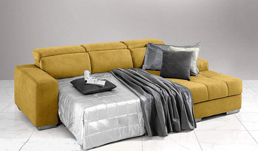 Dafne Italian Design Divano Letto angolare 3 posti con penisola a Destra. Tessuto Romeo Senape (cm. 259 x 178 x 94h)