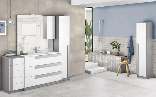 Mobile da bagno "Sandie" grigio chiaro e bianco componibile cm 101x46x189 (base, lavabo, specchio, pensile) - colonna anta sx cm. 35x34x189 - mobile 5 cassetti cm 35x34x85, colonna anta dx 35x34x164