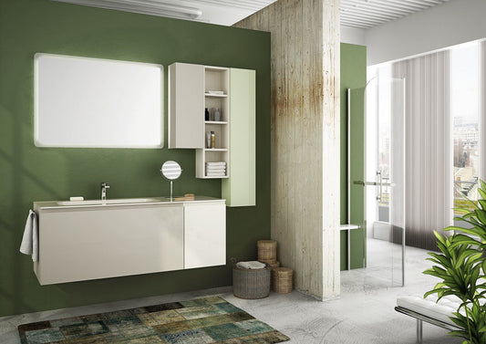 Dafne Italian Design Mobile da bagno sospeso misura 135x50x50 cm. con top in vetro, lavabo sottopiano, ante e cassetti grigio, bianco, verde chiaro con specchio con luci a led - 100% made in Italy