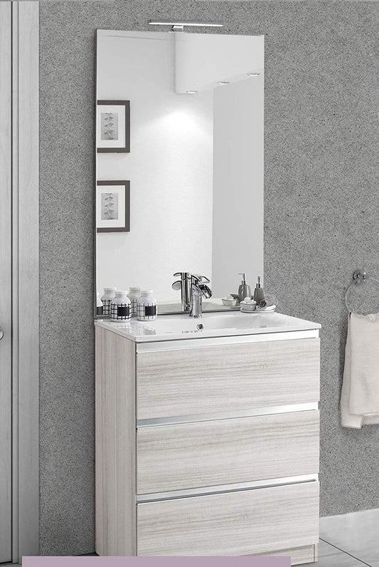 Dafne Italian Design Mobile da bagno con lavabo cm. 60 x 46 x 189h colore grigio chiaro - Componibile bagno 3 cassetti con maniglia a gola, lavabo e specchio con luce a Led