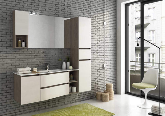 Dafne Italian Design Mobile da bagno colore Rovere Tranche, specchio con luci a led, Misura: L.165 P.46/35 cm, Top bianco, Lavabo In Ocritech C/Vasca Integrata