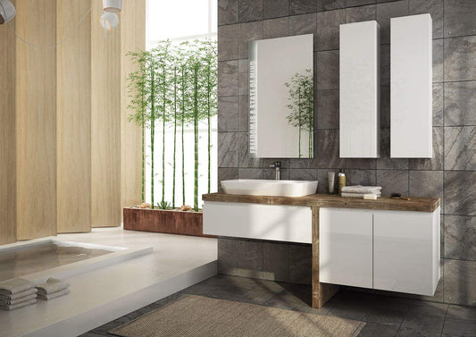 Dafne Italian Design Mobile da Bagno sospeso Misura 155x50x67 cm. Color Bianco Lucido e Legno- lavabo- Ante-cassetti - Specchio con Luce a LED- 100% Made in Italy