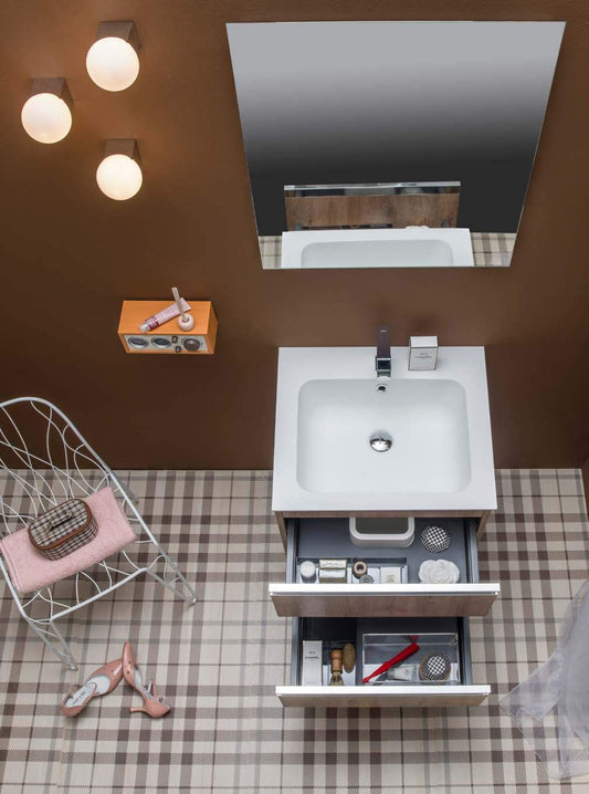 Dafne Italian Design Mobile da bagno ad uso lavanderia (cm. L58 x P48 x H55) con vasca integrata in Ocritech doppio fondo, finitura effetto legno rovere, specchio, lampade