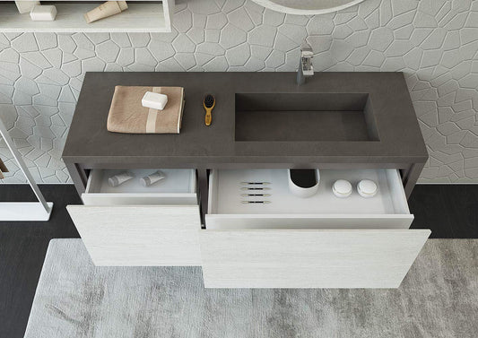 Mobile da bagno sospeso - Misura: L.143 P.50 H. 50 - Finitura: Laccata Grigio Fumo Opaco e Rovere Gessato Artico - Top con vasca integrata -specchio rotondo - due mensole - 100% made in Italy