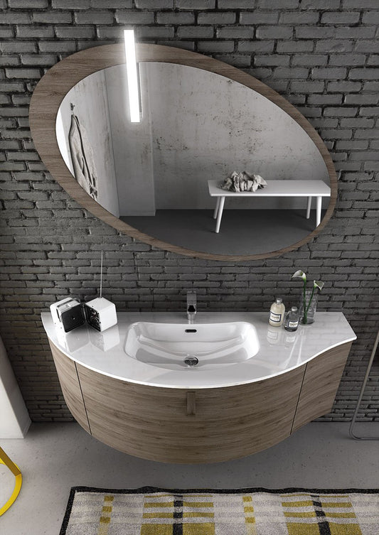 Dafne Italian Design Mobile da bagno sospeso color Rovere dimensioni H 80 x L 120 con specchio e lampada led, Base p. lavabo curvo 1 cassettone H 50 x L 100 cm