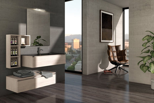 Dafne Italian Design Mobile da bagno sospeso finitura rovere Misura: L.135 P.46 - specchio con luci a led, cassetti -Top con Vasca lavabo integrata in cristallo nero - 100% made in Italy