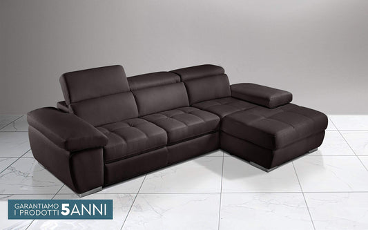 Dafne Italian Design Divano Letto angolare 3 posti con penisola a Destra. Similpelle Marrone (cm. 277 x 182 x 97h)