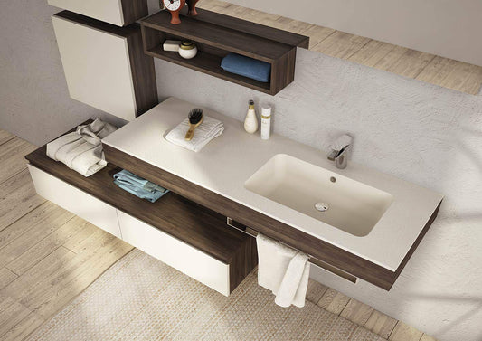 Dafne Italian Design Mobile da bagno Laccato Caffe latte Opaco e Rovere Tabacco, Misura: L.212 P.50 cm, Top Resina materica Panna su scatolato in legno melaminico