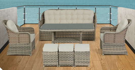 Dafne Italian Design Salotto da pranzo da giardino in rattan con 1 divano 3 posti, n.1 tavolo, n.2 poltrone, n.3 pouf