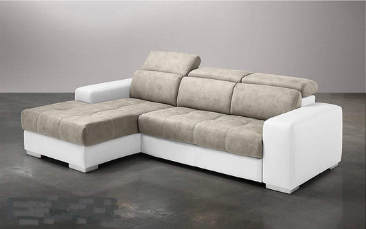 Dafne Italian Design Divano Letto angolare 3 posti con penisola a Sinistra. Similpelle Bianco, Similpelle Effetto Nabuk Light Grey (cm. 259 x 178 x 94h)