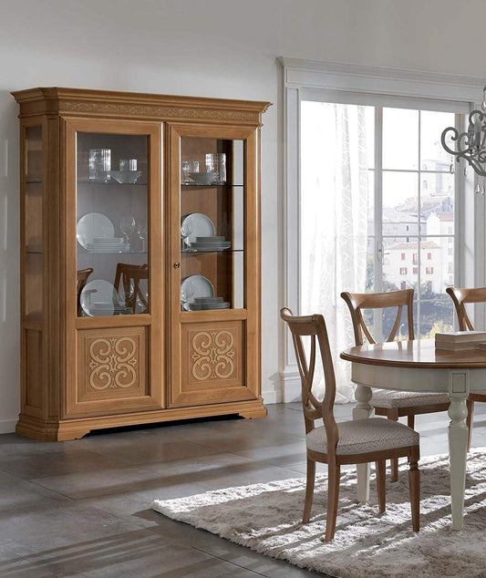 Dafne Italian Design Vetrina 2 ante, legno chiaro,220X50X165, 81 Kg, impiallacciato noce nazionale ed intarsiato con acero bianco