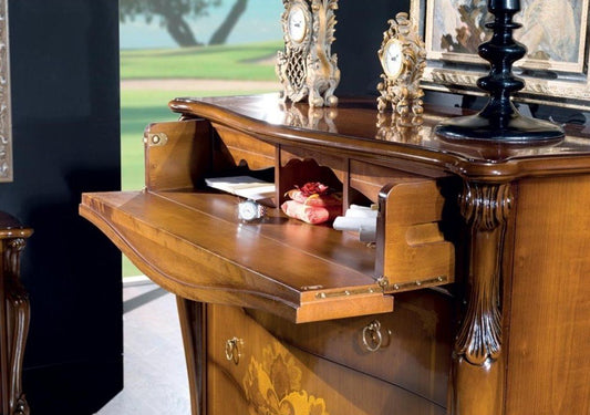 Dafne Italian Design Com? 4 cassetti con ribalta, noce scuro, decorazioni oro -cm: 125 cm - 60 cm - H 125 cm - 1,06 Mc - Stile classico - 100% Made in Italy (SF17)