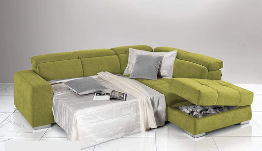 Dafne Italian Design Divano Letto angolare 3 posti con penisola a Destra. Tessuto Romeo Verde Acido (cm. 266 x 230 x 94h)