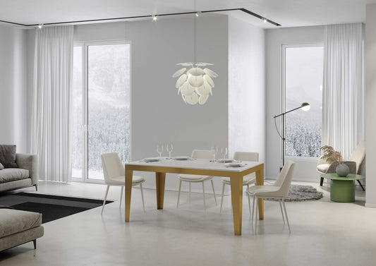Dafne Italian Design Tavolo Flame Evolution piano Bianco Frassino 90x160 allungato 264 telaio oro