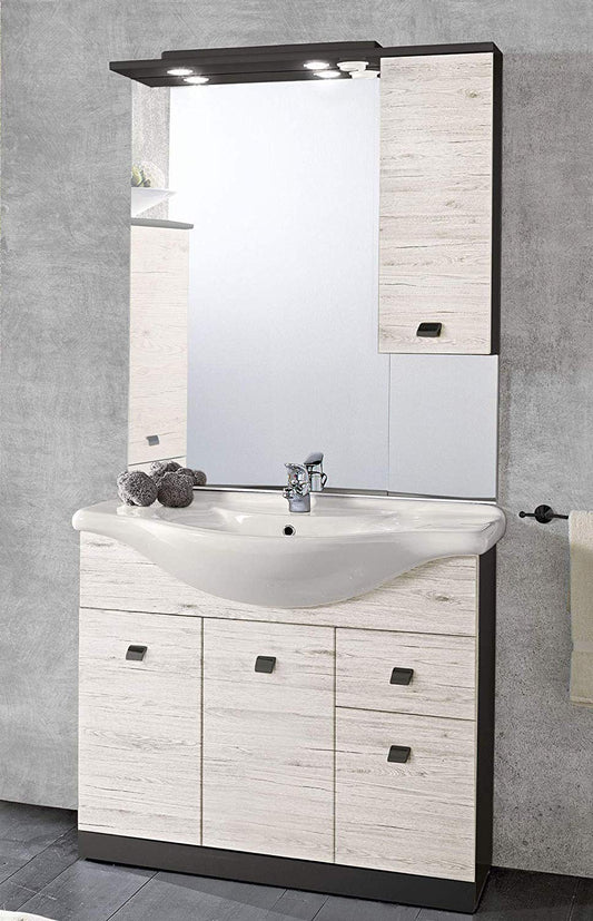 Dafne Italian Design Mobile da bagno con pensile a destra che comprende base, lavabo unico in ceramica e specchio con luci (20W C4). cm. 105 x 50 x 190h. (STMB)