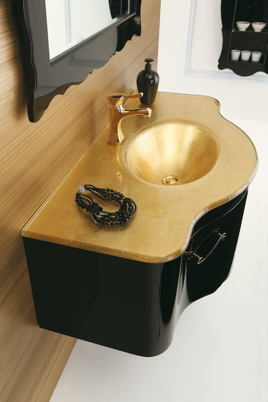 Dafne Italian Design Mobile lavabo stile classico, nero lucido. Top in cristallo integrato in foglia oro - cm. 105-100% made in Italy