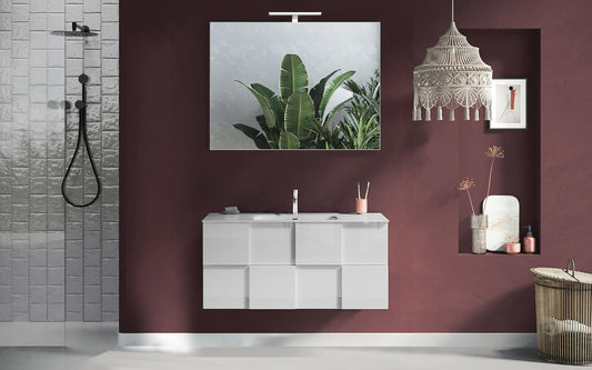 Mobile da bagno componibile sospeso "Dame" color bianco lucido cm. 100 x 45 x 85 (base, lavabo, specchio, pensile)