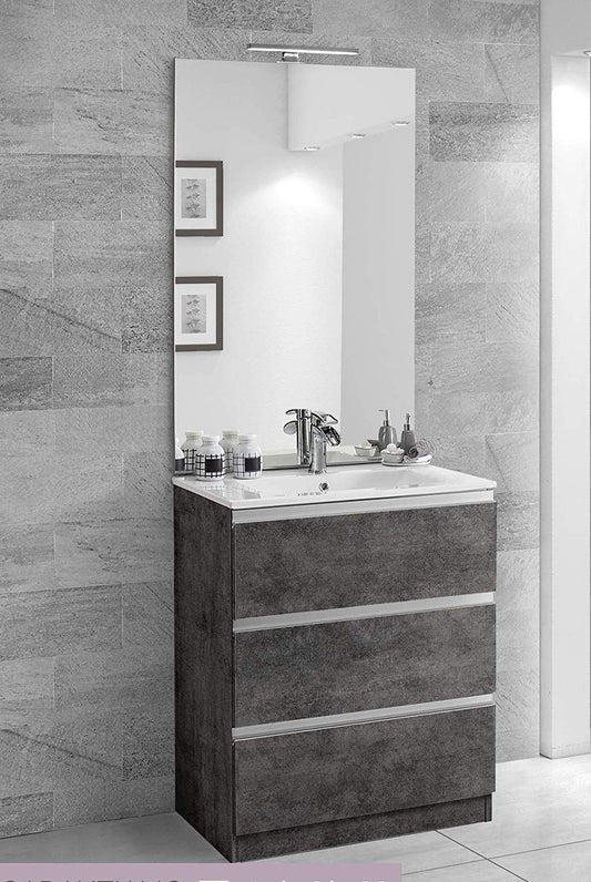 Dafne Italian Design Mobile da bagno con lavabo cm. 60 x 46 x 189h colore grigio antracite - Componibile bagno 3 cassetti con maniglia a gola, lavabo e specchio con luce a Led
