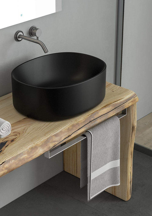 Dafne Italian Design Mobile Bagno Moderno con lavabo sospeso – Castagno Naturale Levigato – Laccato Bianco Opaco Appoggio in Ceramica Nero Opaco
