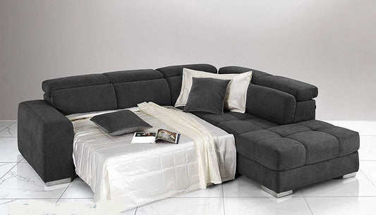 Dafne Italian Design Divano Letto angolare 3 posti con penisola a Destra. Tessuto Romeo Nero (cm. 266 x 230 x 94h)