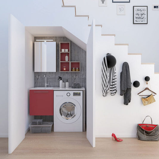 Dafne Italian Design Mobile lavanderia, L127 cm P50 cm, Lavabo In Ocritech, Vasca Integrata, Lampada led, Top legno L62 P50, Base p/Lavabo 2 ante, Specchio contenitore,Tavoletta lavapanni
